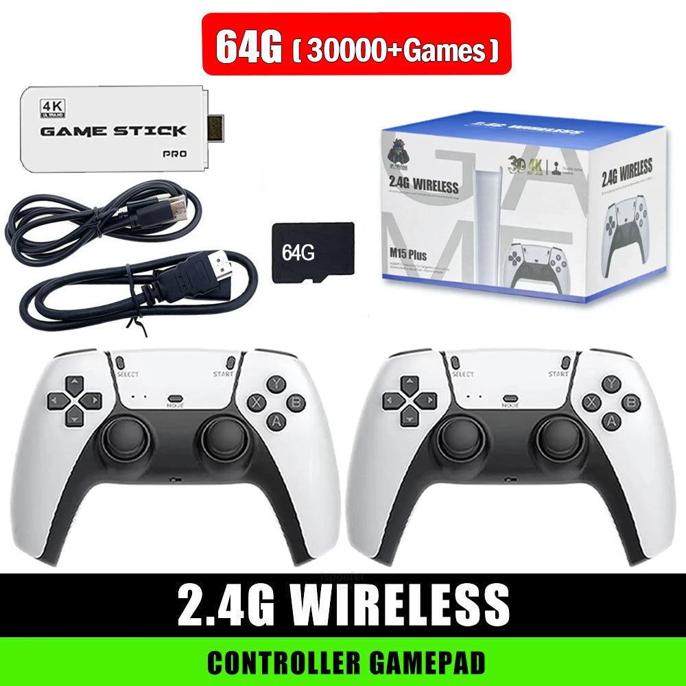 M15 4K TV Game Stick, 64GB Built-in 30000+ Retro Games Console with Wireless Gamepads, Supports 20+ Simulators for HD TV Gaming